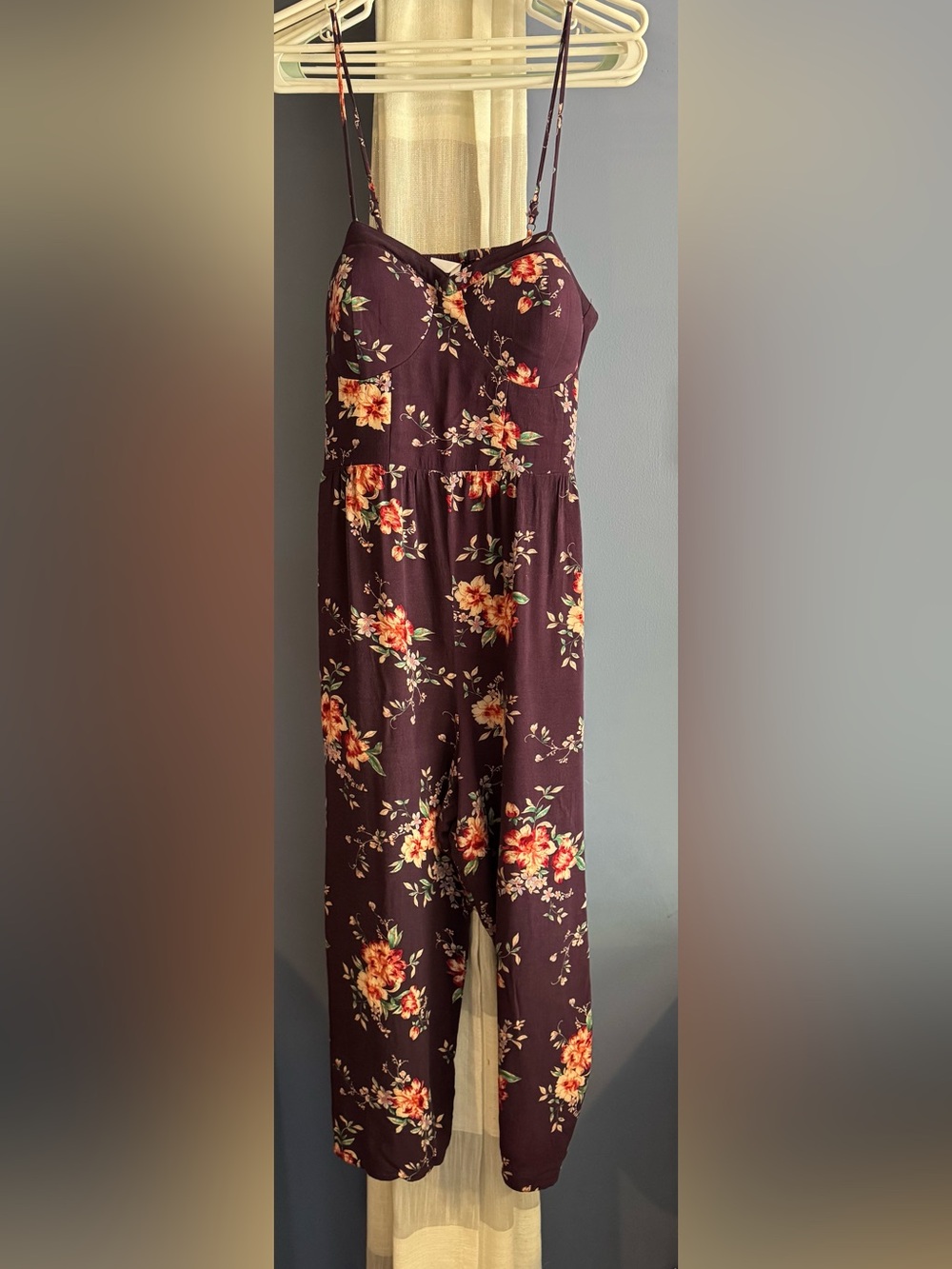 Xhilaration Plum Floral Spaghetti-Strap Jumpsuit